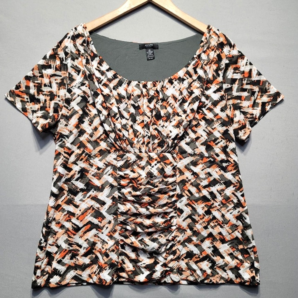 Alfani Blouse Womens 2X Black‎ Orange Abstract Ruched Stretch Short Sleeve Top